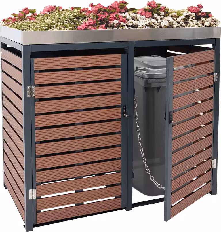 2 pojemnik na odpady HWC-K14, pojemnik na odpady z donicą, 124x134x84cm WPC stal nierdzewna 79kg ~ wygląd drewna orzechowego