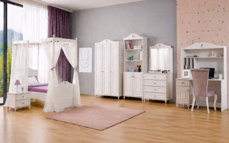 Szafa, komoda, regał na książki, biurko – zestaw w kolorze białym