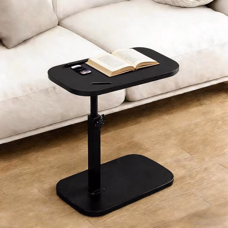 Stolik pomocniczy, obrotowy o 360 stopni, z możliwością podnoszenia i odchylania, regulacja wysokości od 45 do 80 cm, stolik nocny, stolik kawowy, styl retro, kolor czarny + czarna półka