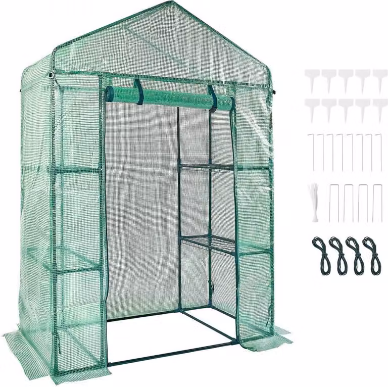 Szklarnia foliowa 141x74,5x205cm - Szklarnia na pomidory - Udźwig 15kg - Szklarnia - Domek ogrodowy - Zimna rama - Materiał PE - Rura stalowa - Domek na pomidory - Szklarnia na warzywa - 4 półki - Domek na rośliny