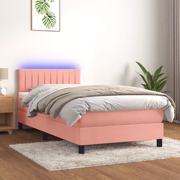 vidaXL Łóżko na sprężynach z materacem i diodami LED różowe 100x200 cm aksamitne - Łóżko na sprężynach - Łóżka - Meble do sypialni