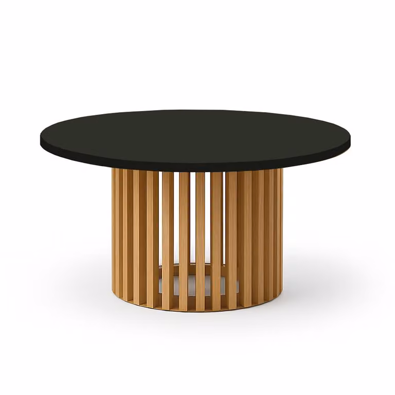 Stolik kawowy okrągły, czarny, model DOVER, średnica 75 cm, z naturalną konstrukcją z lameli – minimalistyczny i ponadczasowy