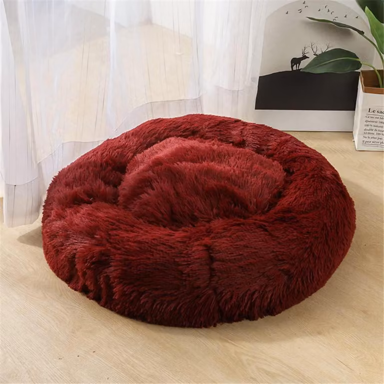 Łóżeczko dla psa, łóżeczko dla kota, miękkie, okrągłe, wykonane z pluszu, średnica 90 cm, kolor: burgundowy