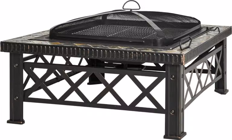 Fortuna Lai 3 w 1 miska ogniowa kosz na ognisko palenisko z osłoną przeciwiskrową, rusztem do grillowania i pojemnikiem na lód do ogrodu BBQ czarny 76 x 76 x 47 cm