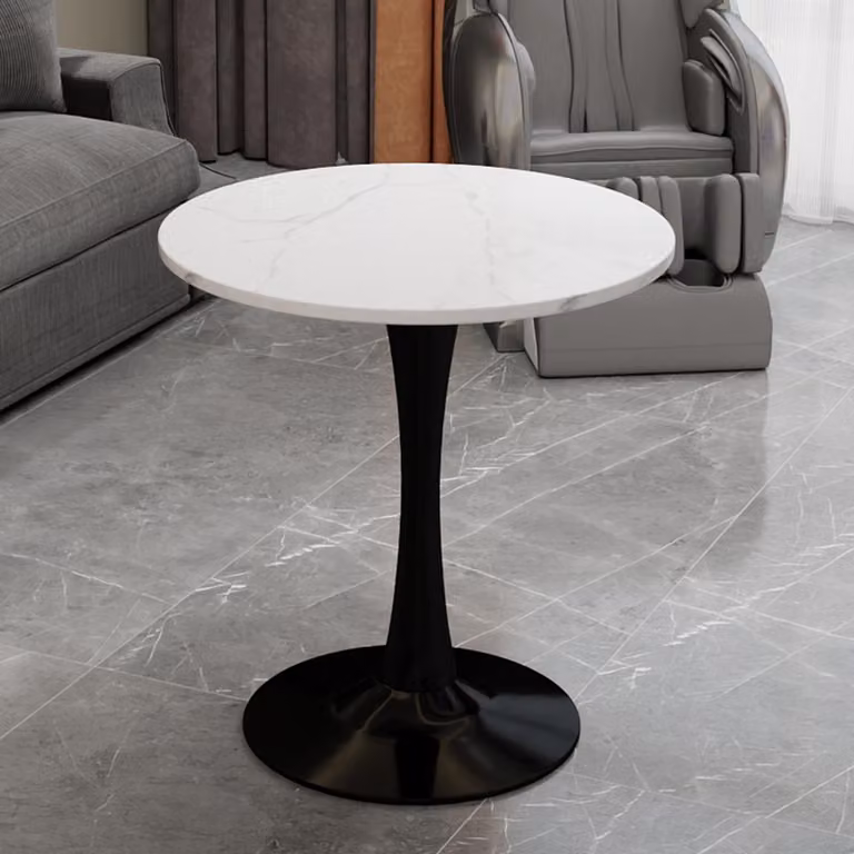 Okrągły stół jadalny o średnicy 70 cm, czarny stolik kawowy w stylu Mid-Century Modern, przeznaczony dla 2-4 osób, stół o wyglądzie marmuru w kolorze białym, idealny do salonu i kuchni