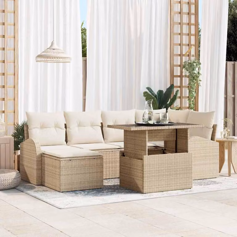 Maison Exclusive - Zestaw mebli ogrodowych, sofa i 6 foteli, kolor beżowy, wykonane z rattanu syntetycznego