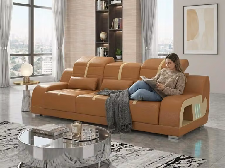 Skórzana sofa, nowoczesny brązowy design, zestaw LED, tapicerowana sofa do salonu
