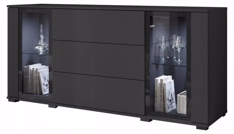 Komoda 150 cm do salonu witryna ze szkłem, szuflady, połki, czarny mat