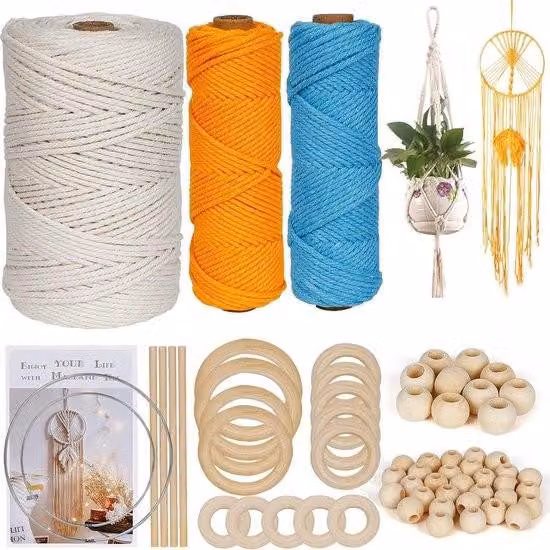 64-częściowa włóczka do makramy DIY - Zestaw rzemieślniczy Dreamcatcher wykonany z przędzy bawełnianej - Naturalna lina bawełniana - Dla dorosłych i początkujących - Zawiera 3 liny, żelazne pierścienie i drewniane pierścienie