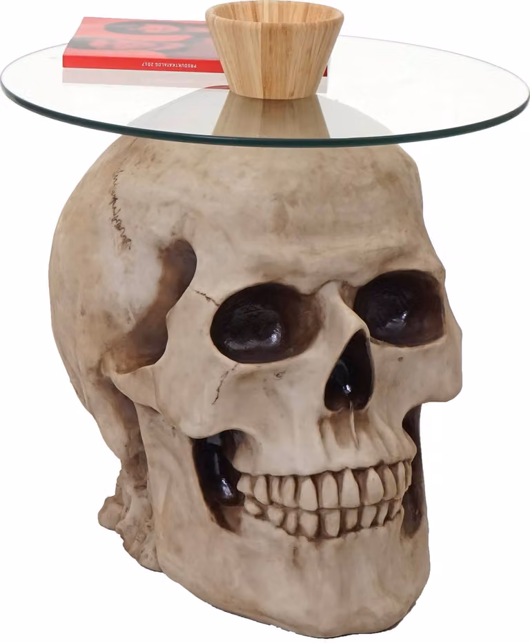 Stolik boczny czaszka HWC-A19, szklany stolik do salonu stolik kawowy czaszka, polyresin okrągły Ø55cm naturalny