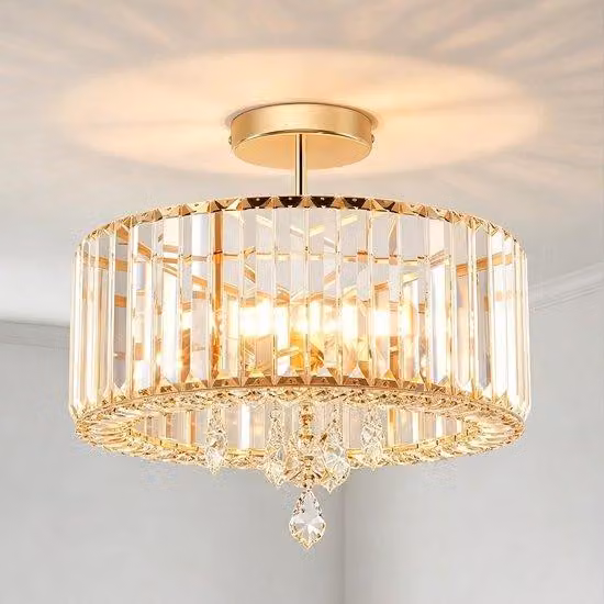 Złote, kryształowe lampy sufitowe LED, żyrandole, industrialny styl, półzintegrowane oświetlenie, 3 lampy, gwint E27, średnica 36,5 cm, idealne do przedpokoju, salonu, kuchni i łazienki