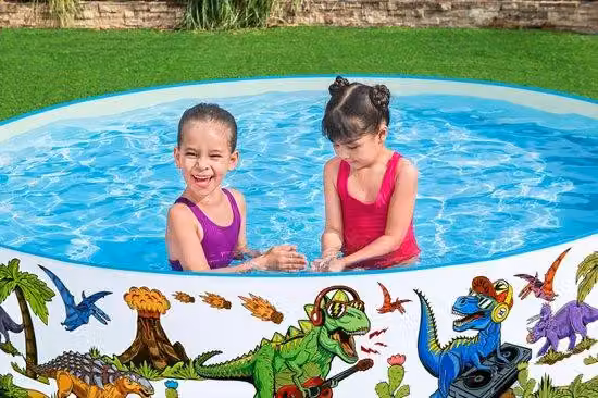 Basenik dla dzieci Unyqoos® z motywem dinozaurów, wykonany z winylu, o wymiarach 244 x 46 cm, pojemność 2.074 litra, przeznaczony dla dzieci od 3 roku życia