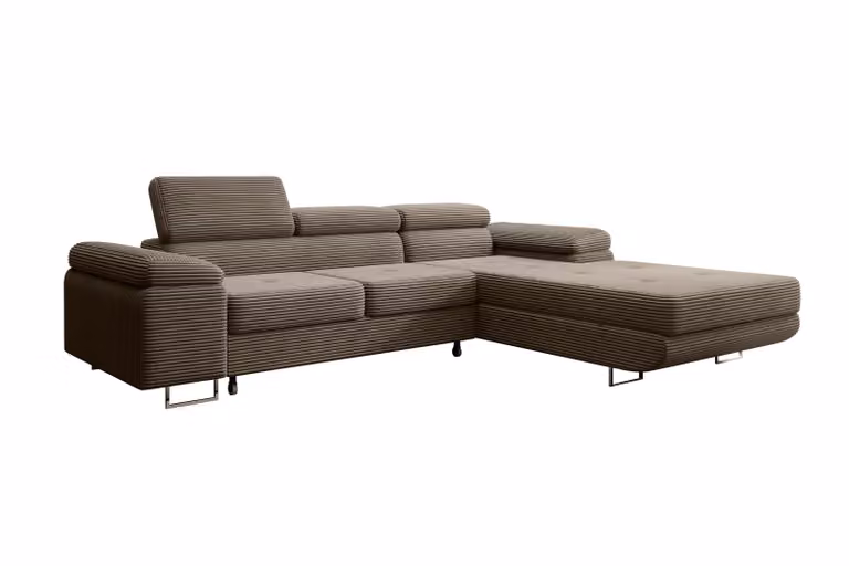 Nowoczesna narożna sofa Alvaro z funkcją spania i schowkiem na pościel, rozkładana sofa w kształcie litery L, schowek, sofa rozkładana w kolorze jasnobrązowym, wersja z prawym skrzydłem
