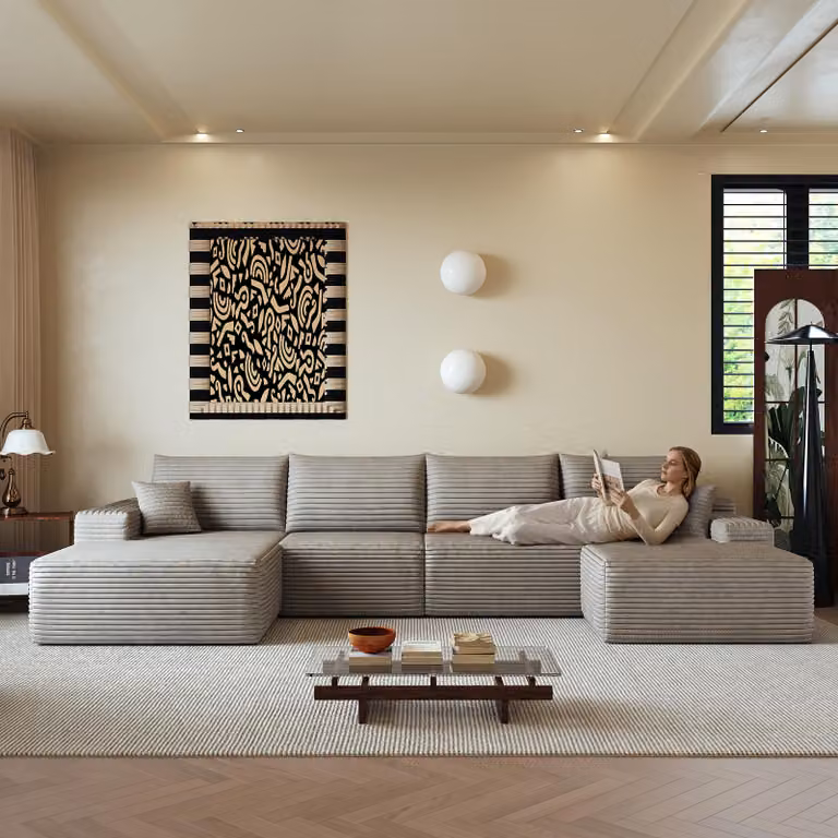 Modułowa narożna sofa o wymiarach 340 cm, bez elementów mocujących, z kształtem litery L, nowoczesna, modułowa sofa z głębokim siedziskiem. Nie wymaga montażu