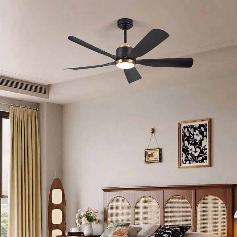 Wentylator sufitowy ZELURXX z oświetleniem LED, 132 cm (52 cale), 5 łopatek, całkowicie czarny, z tworzywa ABS, z możliwością odwrócenia, sterowanie przez aplikację, regulacja jasności, cicha praca, energooszczędny, na lato i zimę