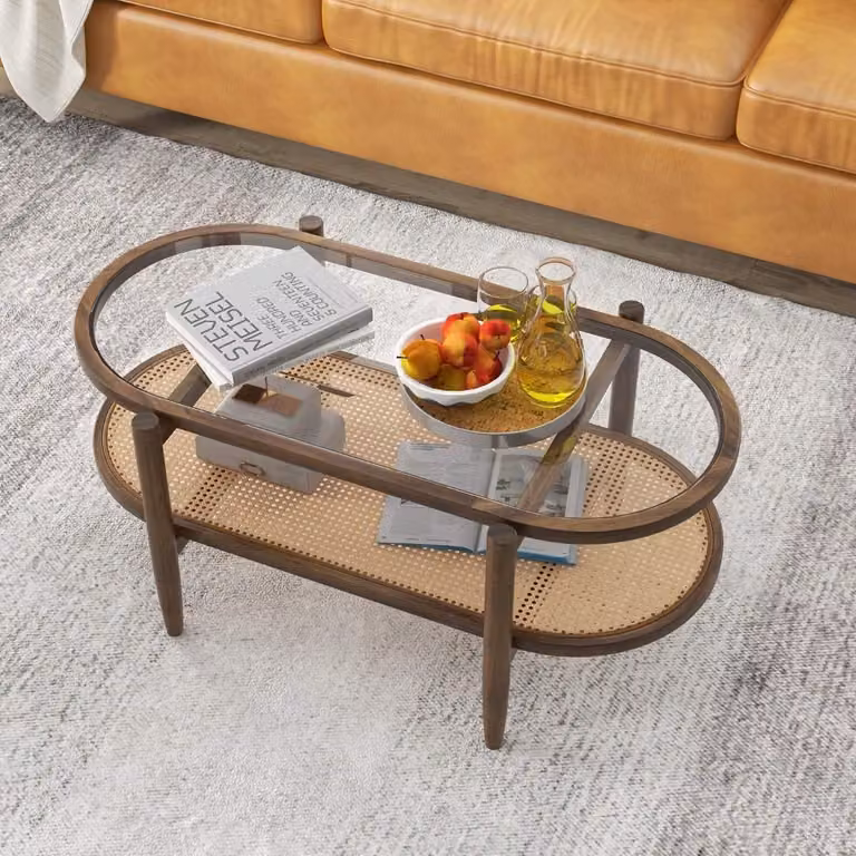 Stolik kawowy Stolik boczny ze szklanym blatem i rattanową półką 102 x 56 x 47 cm brązowy