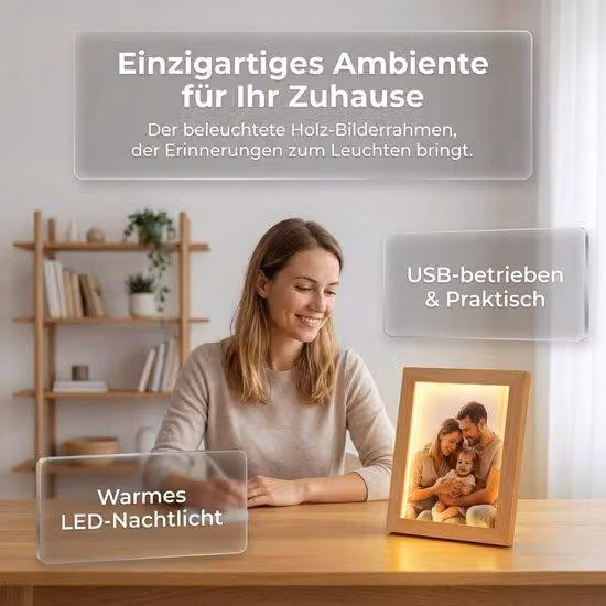 Ramka na zdjęcia z wbudowaną lampką nocną LED - Oświetlona drewniana ramka - Kreatywny prezent - Elegancka dekoracja stołu - m-winkel