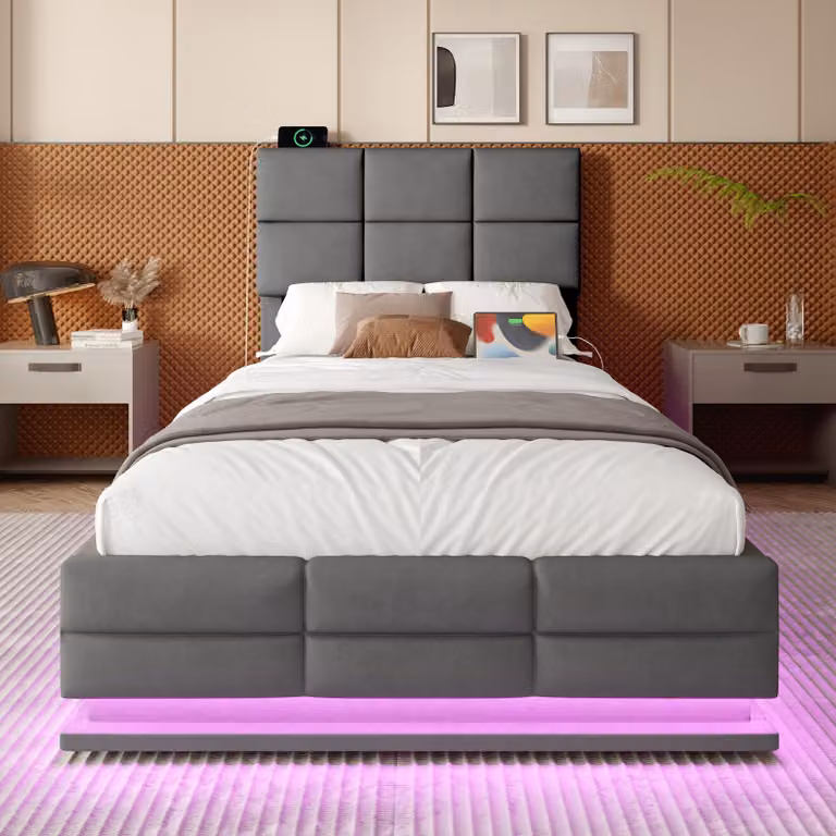 Łóżko tapicerowane Zerbaco z pojemnikiem na pościel, 90x200 cm, jednoosobowe, z podnoszeniem hydraulicznym, oświetleniem LED, portami USB i typu C, regulowanym zagłówkiem, w kolorze ciemnoszarym, bez materaca