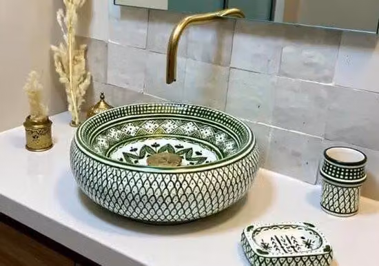 Marokański umywalka – umywalka nablatowa ceramiczna – dekoracja łazienki – ręcznie robiony, unikatowy – 35 cm – zielony
