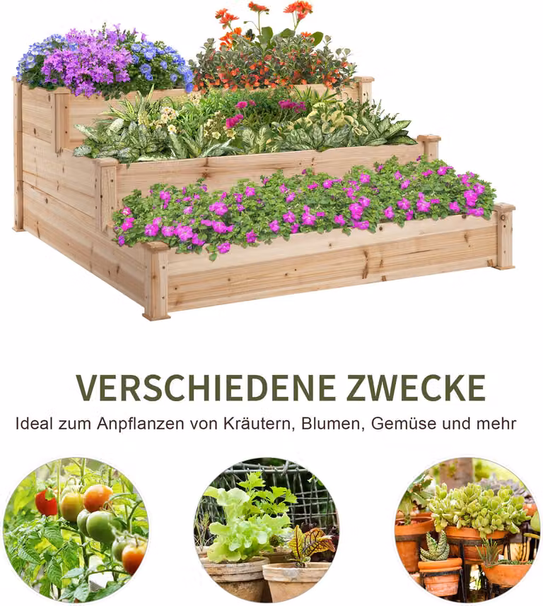 Podwyższona skrzynka na rośliny - schodkowa konstrukcja, 3-poziomowa - 120x120x56 cm - wykonana z drewna sosnowego - idealna na balkon i do ogrodu