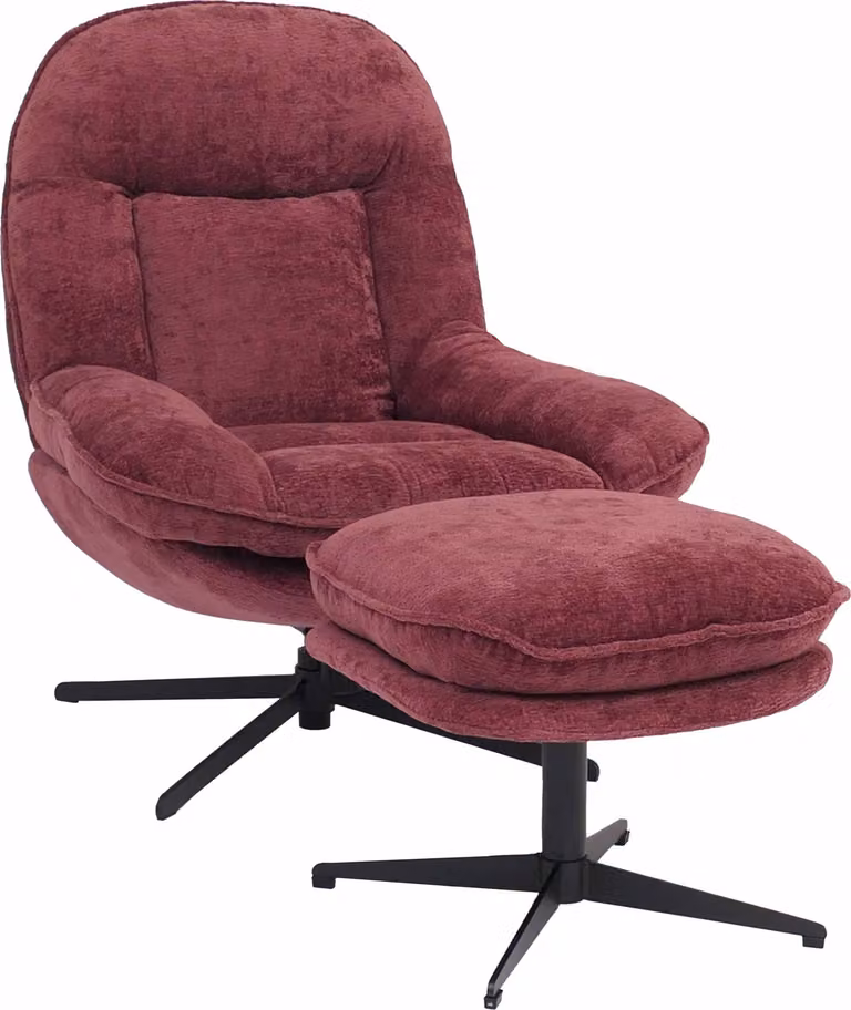 Fotel relaksacyjny ze stołkiem HWC-P32, fotel TV z zawieszeniem Nosag, obrotowy, metalowy tkanina/tkanina szenilowa (370 g/m²) ~ jagoda
