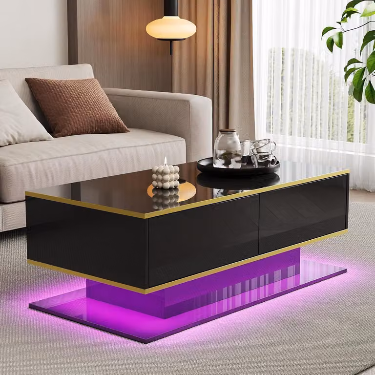 Stolik kawowy LED - blat z wysokim połyskiem - do wystroju salonu - złota dekoracja - długość 100 cm - kolor czarny