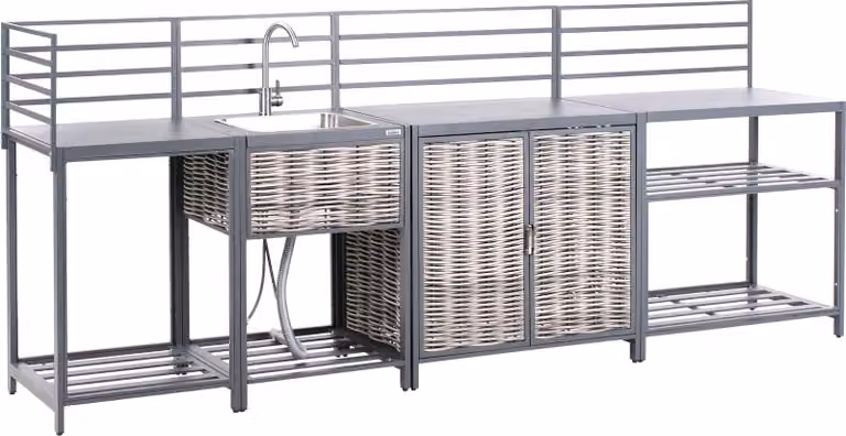 BELIANI 4 częściowa kuchnia ogrodowa ze zlewem szara z aluminium rattan zewnętrzna szafka wyspa kuchenna półki zlew bateria umywalkowa
