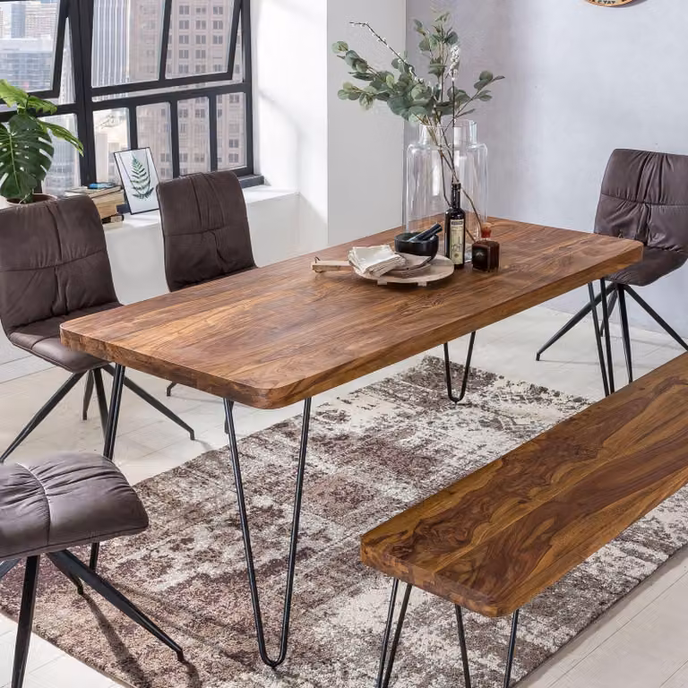 Stół do jadalni BAGLI lite drewno sheesham 200 x 80 x 76 cm stół do jadalni stół kuchenny nowoczesny styl wiejski drewniany stół z metalowymi nogami ciemny brąz naturalny produkt meble z litego drewna