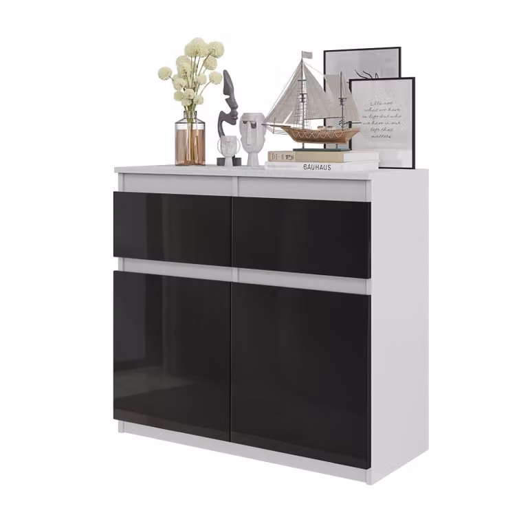 Komoda 80 Cm Biały Mat/Czarny Połysk 2 Szuflady 2 Drzwi 2 Półki, Salon, Sypialnia