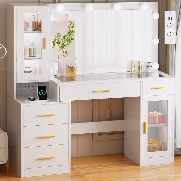 Stolik kosmetyczny z oświetleniem – idealny do sypialni – do makijażu – regulowana jasność – szerokość 125 cm – kolor biały