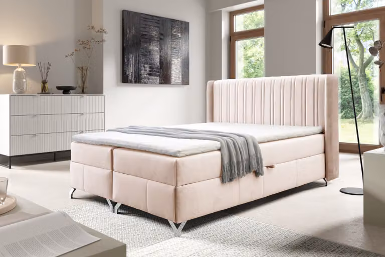 Łóżko kontynentalne MADDIE 200x200 cm, beżowe, z pojemnikiem Łóżko z nakładką i materacem bonellowym Łóżko tapicerowane Łóżko rodzinne Łóżko do sypialni z miejscem do przechowywania (beżowe, 200x200)