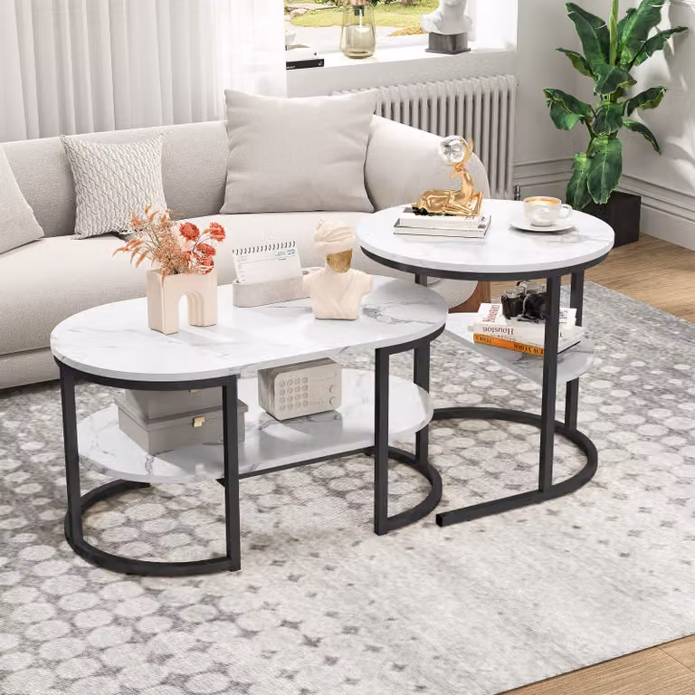 CDGlobal zestaw 2 stolików kawowych z żelazną ramą, stolik kawowy o marmurowym wyglądzie, stolik kawowy sofa stolik do salonu stolik nowoczesny