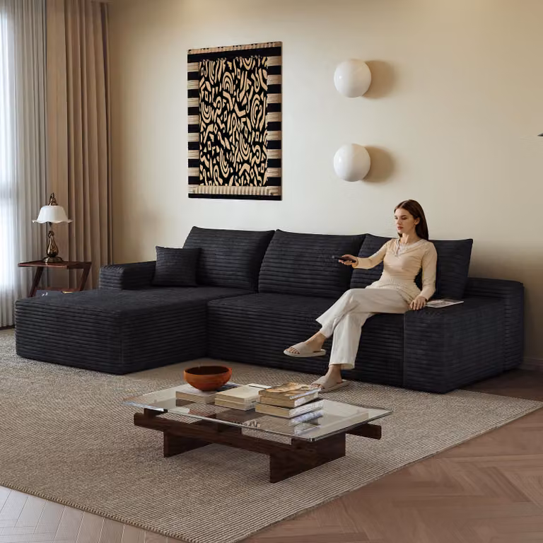 Modułowa, narożna sofa bez podłokietników, 270 cm, kształt litery L, głębokie siedzisko, bez konieczności montażu, sofa kompresowana (czarna)