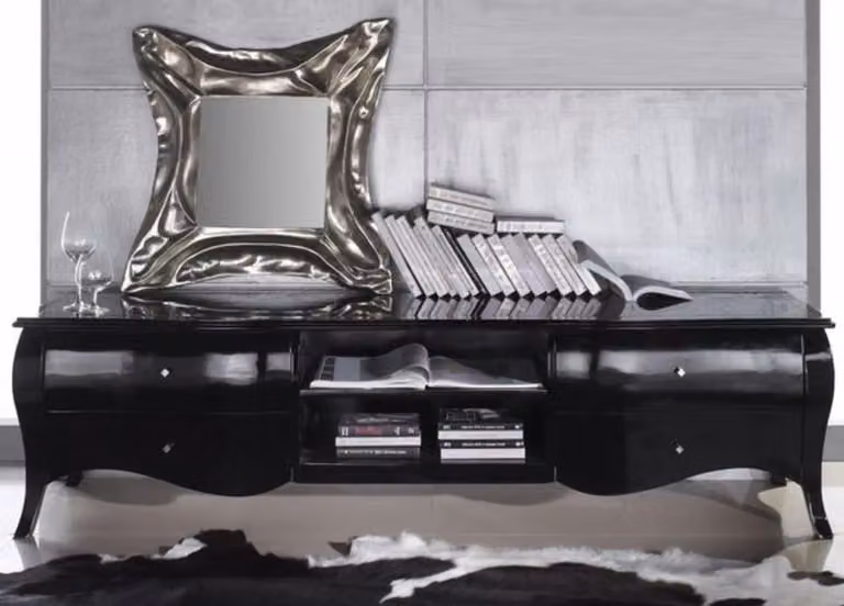 Casa Padrino neobarok komoda TV czarny wysoki połysk 220 x 53 x 53 cm - neobarok szafka TV kredens