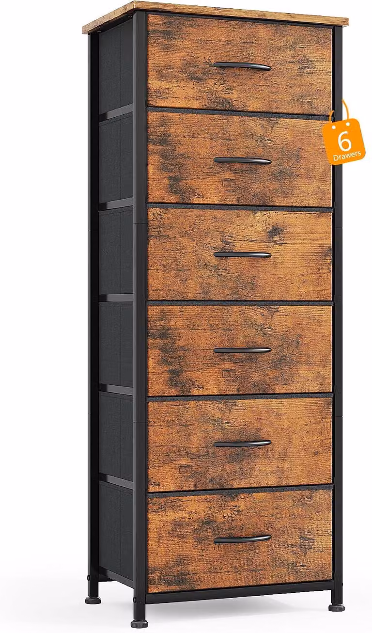 Komoda z szufladami - Szafka do przechowywania - Organizacja sypialni - Stabilna metalowa konstrukcja - Wysokość 137 cm - Kolor: brąz w stylu rustykalnym