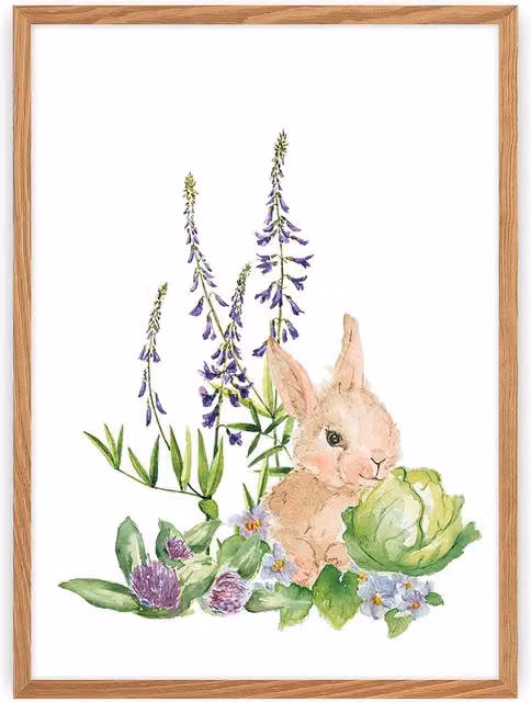 Kolorowy plakat papierowy Forest Story Hare marki Yellowtipi z motywem zwierząt i natury w ramie z drewna i szkła