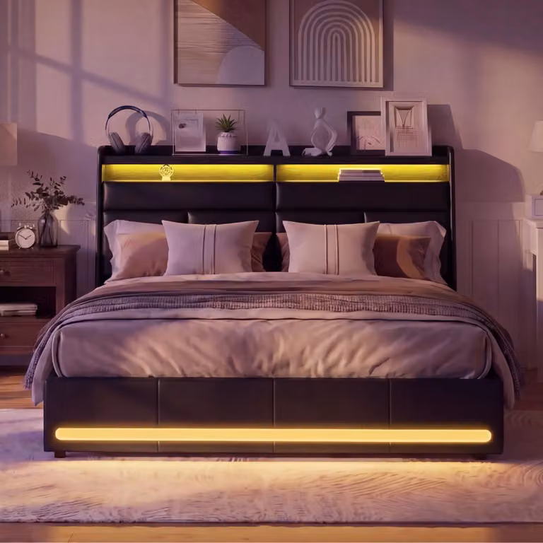 Łóżko tapicerowane UnboxG, 160x200 cm, czarne, z oświetleniem LED i portami USB, łóżko z pojemnikiem na pościel otwierane hydraulicznie, łóżko z zagłówkiem-półką, obita sztuczną skórą, nowoczesne łóżko dwuosobowe