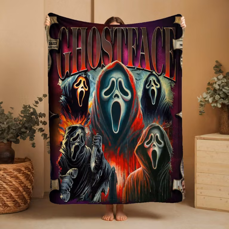 Prześcieradło dekoracyjne Ghostface, 200x155 cm, poliester, polar, motyw Halloween