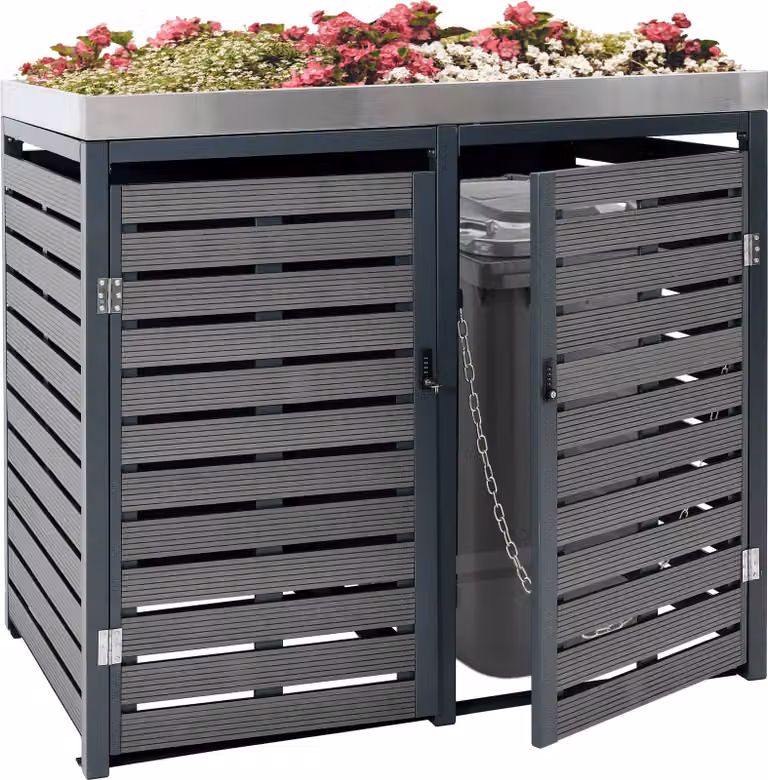 2 pojemnik na odpady HWC-K14, pojemnik na odpady z donicą, 124x134x84cm WPC stal nierdzewna 79kg ~ antracyt