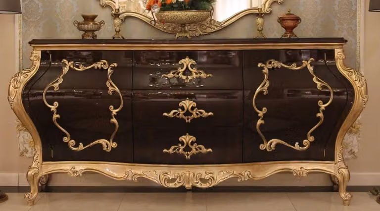 Casa Padrino luksusowa komoda w stylu barokowym ciemny brąz / złoto 243 x 60 x h. 115 cm - Wspaniała szafka z litego drewna z 2 drzwiami i 3 szufladami - Szlachetne meble w stylu barokowym