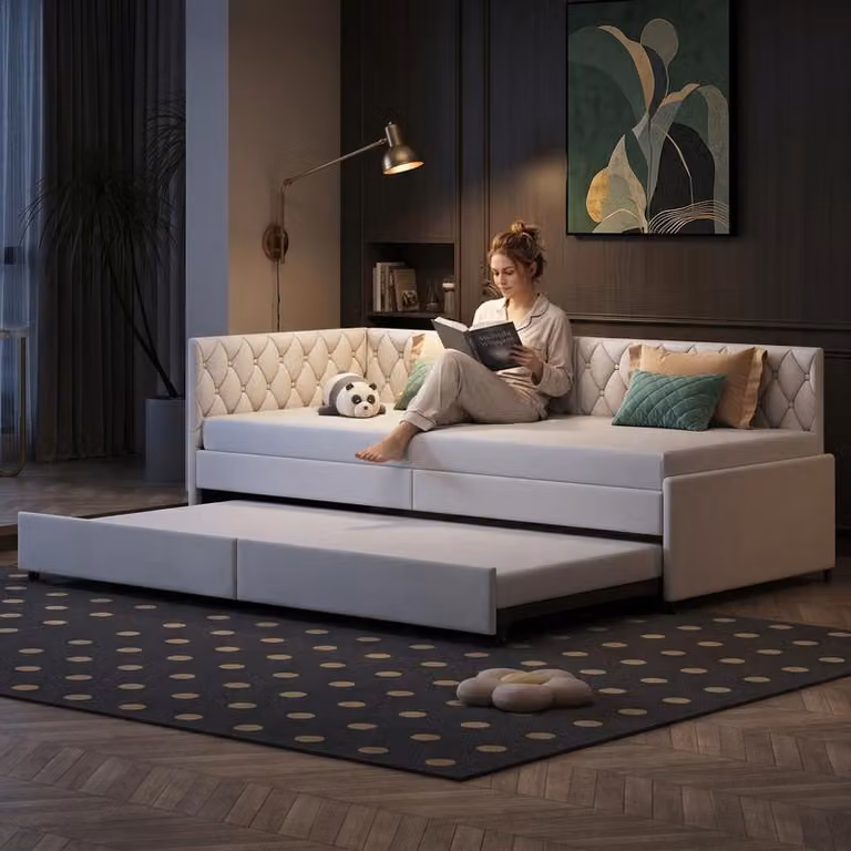 Rozkładana sofa ProximaX z wysuwanym łóżkiem 90x200 cm, beżowy aksamit, 2 miejsca do spania, sofa rozkładana z funkcją łóżka, łóżko dla gości, z pikowaniem w guzikach