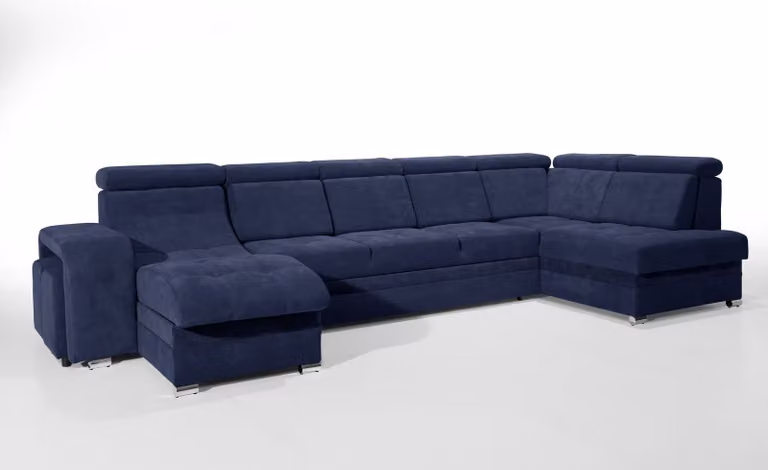 Robin Milan Narożnik z funkcją spania 2X Skrzynia na pościel 7X Zagłówki 2X Taboret Sofa w kształcie litery L Narożnik wolnostojący z funkcją spania Meble do salonu Krajobraz prawy Granatowy