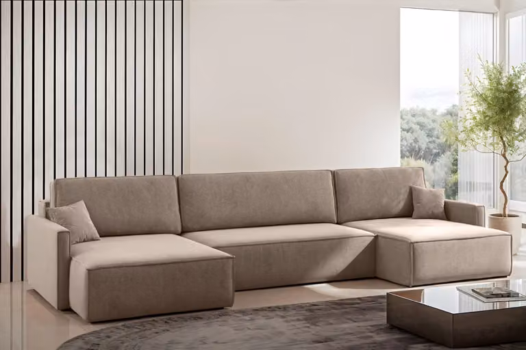 Sofa Narożna w Kształcie Litery U Carlos z Funkcją Spania i Pojemnikiem na Pościel Tkanina Salvador Ciemnobeżowy