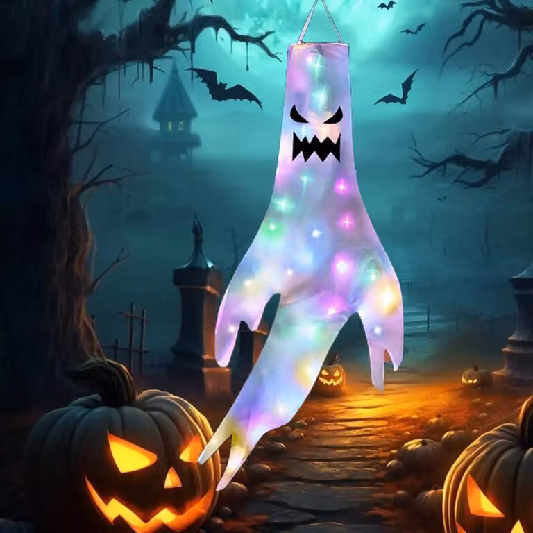 Dekoracja na Halloween – wiatrak z LED, 60x120 cm, w kształcie ducha