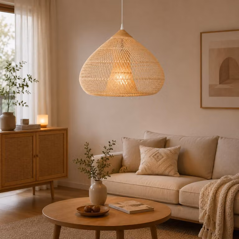 Lampa wisząca z rattanu, 60 cm - ręcznie tkana, naturalna plecionka - gwint E27 - oświetlenie wewnętrzne - styl boho