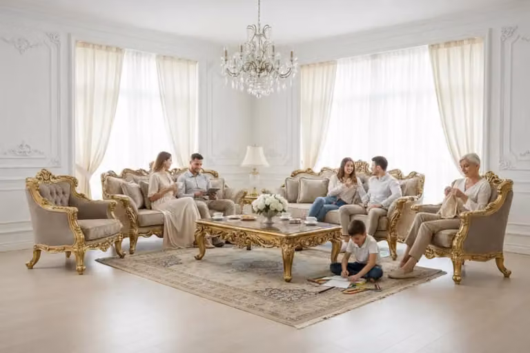 Elegancki zestaw do salonu składający się z kanap 3-osobowej, 3-osobowej, 1-osobowej i 1-osobowej oraz pasującego stolika kawowego
