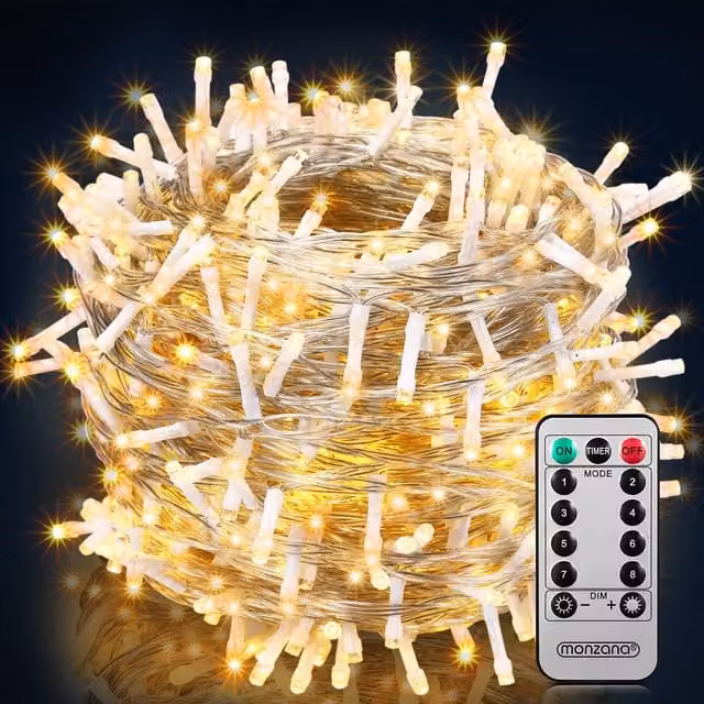 Lampki choinkowe Monzana 600 LED Ciepła biel, 60 m, Przezroczysty kabel, Z pilotem, Timerem i możliwością ściemniania, IP44