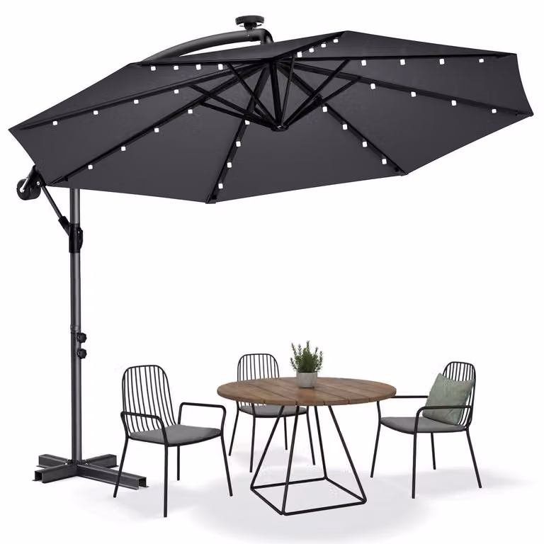 Parasol ogrodowy, średnica 300-350 cm, obrotowy, z mechanizmem ręcznym, ochrona UV40+, wodoodporny, z oświetleniem LED solarnym, kolor ciemnoszary, w zestawie podstawa krzyżakowa
