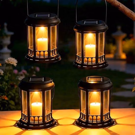 Lampiony solarnе na zewnątrz, zestaw 4 sztuk, wodoodporne lampy solarne z diodami LED imitującymi płomień, oświetlenie zewnętrzne do ogrodu, tarasu i balkonu