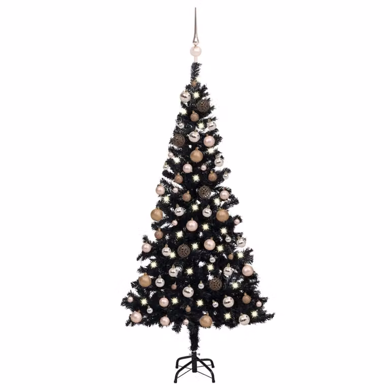 Sztuczna choinka z lampkami i bombkami, czarna, 150 cm, PVC